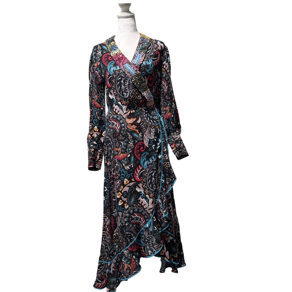 TAJ Sabrina Crippa Wrap Maxi Dress Women Small Black Paisley Sequin Ruffle Glam